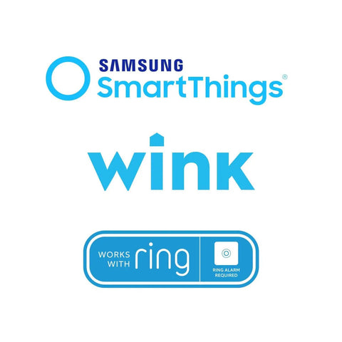 Compatible hubs logos for Assure SL Keyless Entry Deadbolt Lock With Z Wave For Smart Home, including SmartThings, Wink, and Ring.