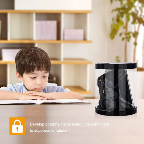 Child studying beside Timer Lock Box For Phone Addiction And Self Control, Multi Function Time Lock Container, black in color