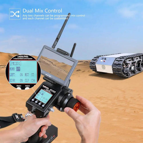 RC4GS V3 2.4G 5 Channel RC Transmitter And Receiver With Built In Gyro for crawler trucks, held with desert background