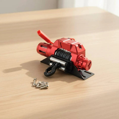 Super Cool CNC Electric Winch For RC Crawler Trucks With Metal Hook, red body, steel cable, and hook, on wooden surface.