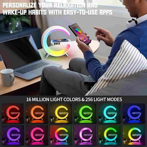 Bluetooth Speaker Lamp With Wireless Charger And App Control, RGB Night Light, showcasing app features and light modes