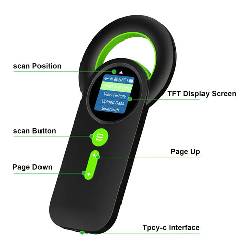 Front view of Pet Microchip Scanner With 1.44 Inch TFT Screen, 3 In 1 Connections, 2.4GHz Wireless Bluetooth USB Reader, showing interface.