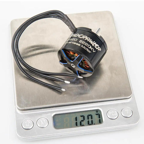 Beefy High Torque 3532 Outrunner Brushless Motor for RC Crawlers weighs 120.3g on a digital scale