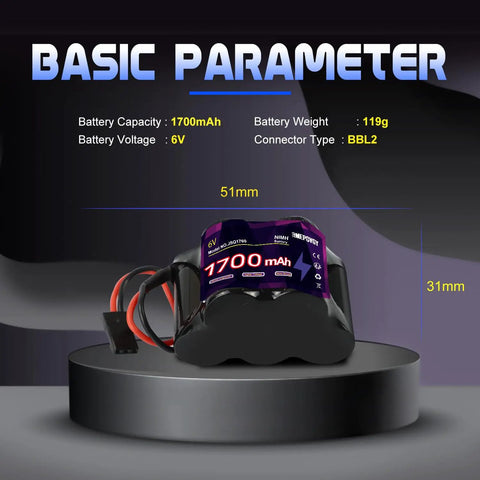 Beefy 6V 1700mAh NiMH RC Receiver Battery Pack Hump Style With BBL2 Connector on stand with dimensions and parameters listed