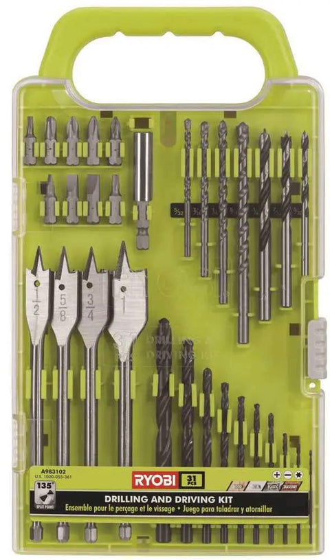 31 Piece Drill And Drive Kit For Metal Brick Wood And Plastic With Titanium Drill Bits And Straight Shank Bits, in case
