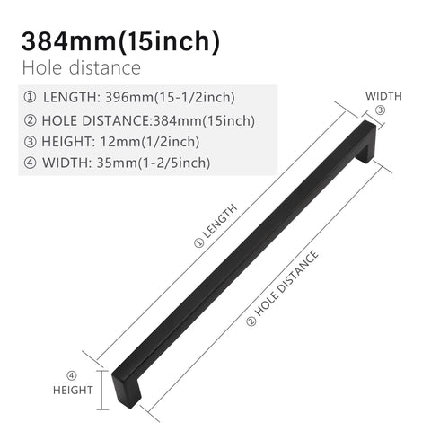 Matte Black Cabinet Handles Square Drawer Pulls 2 Pack, 396 Mm Total Length, 12 Mm Width, 35 Mm Height, Stainless Steel Kitchen
