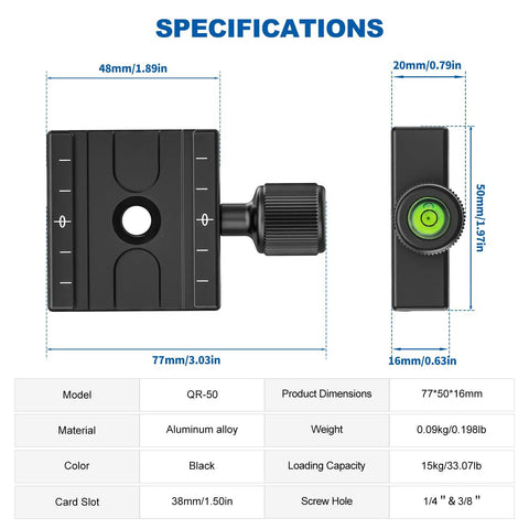 Specifications of Rock Solid 50mm Quick Release Clamp for Camera Tripod Heads With Three Eighths to One Quarter Inch Adapter Arca Swiss