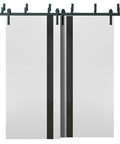 Interior Barn Bypass Sliding Doors With Black Glass And Solid Wood, White Finish, 36 By 96 Inches, Modern Style, Double Doors