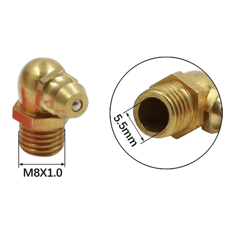 Brass M8x1.0 grease fittings kit with 90-degree elbow, 5.5mm thread size, for automotive and garage use. Focus: leak-proof design.