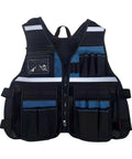 Industrial Grade Heavy Duty Adjustable Work Vest Multi Pocket Utility Carry For Plumbers Electricians Carpenters Smart Storage Pockets Tough As Nails Black Blue, showing front view with various tool pockets.
