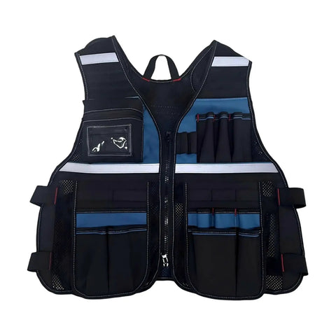 Industrial Grade Heavy Duty Adjustable Work Vest Multi Pocket Utility Carry For Plumbers Electricians Carpenters Smart Storage Pockets Tough As Nails Black Blue, showing front view with various tool pockets.
