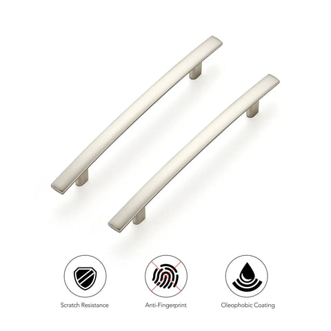 Two sleek arch cabinet pulls from Dope Brushed Nickel Cabinet Handles Set, 7-1/4 Inch Curved Drawer Pulls With 5 Inch Center-To-Center, 30 Pack.