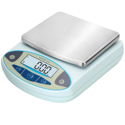 Pro Grade 5000g Digital Analytical Balance With 0.01g Resolution, shown with digital display and stainless steel weighing platform.