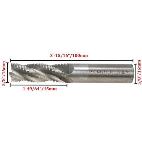 Rannb roughing end mill bit, side view, 5/8 in cutting diameter, 5/8 in shank, 4-flute HSS