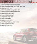 Red GMC SUV parked on a desert background with vehicle-specific models list in the foreground, featuring various GMC models and years.