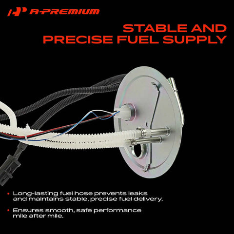Top Shelf Electric Fuel Pump Module Assembly For Ford Excursion 2000 To 2005 With V10 6.8L And V8 5.4L Engine California Only Specs showing stable fuel supply unit and hoses.