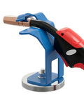 Heavy Duty Magnetic Mig Welding Torch Holder Stand With Precision Positioning Bracket, blue metal design with torch securely held.