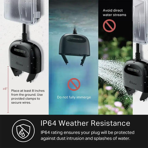 Close-up of Outdoor Smart Plug with Two Sockets showing IP64 weatherproof feature, installation instructions, and safety tips.