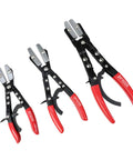 Three Piece Hose Pinch Off Pliers Set 8 10 12 Inch Auto Clamp Off Locking Pliers For Radiator Lines Fuel Lines Heater And Coolant Lines Quick Clamp Tool For Car Maintenance in red and black, showing three different sizes.