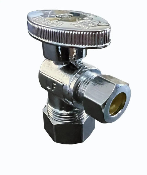 Heavy Duty Sink Angle Stop Valve With Easy Quarter-Turn Metal Handle One Half Inch Nominal Compression Five Eighths Inch OD To Three Eighths Inch OD Chrome Brass Shut Off Valve For Faucets Toilets And Sinks Fits One Half Copper Pipe Built To Last angle view