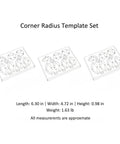 Seven Piece Aluminum Corner Radius Template Kit For Precision Woodworking showing three templates with dimensions for accurate routing.