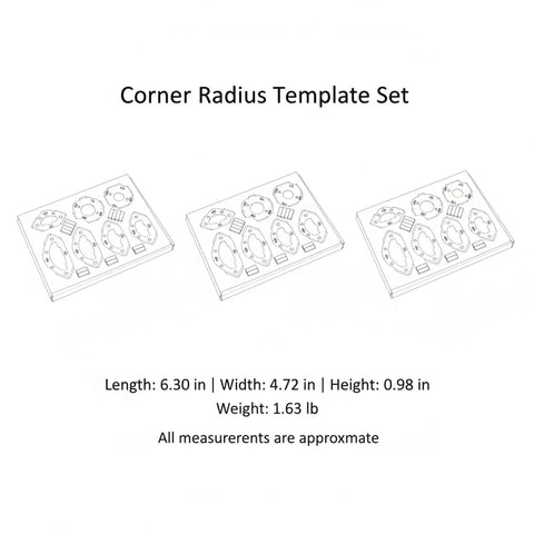 Seven Piece Aluminum Corner Radius Template Kit For Precision Woodworking showing three templates with dimensions for accurate routing.