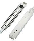 Beefy Heavy Duty Drawer Slides With Full Extension Ball Bearing System For Cabinets, Silent Smooth Opening And Closing, Rust Resistant Steel Construction, Industrial Grade Drawer Hardware For Heavy Loads And High Use Environments. Silver steel drawer slides shown open