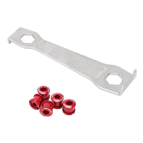 Aluminum Chainring Bolts And Nuts Kit With Wrench For Sprocket Fixing Red Anodized Crankset Screws 9mm And 10mm Hex Road Bike Parts Built For Easy No Fuss Install Secure Fit Pro Grade Performance, red bolts and wrench