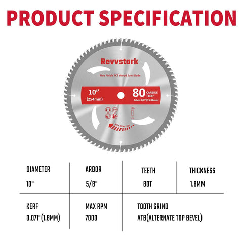 10 Inch 80T Carbide Table Saw Blade With Five Eighth Inch Arbor For Fine Finish Wood Cuts Up To 7000 RPM Pro Grade Heavy Duty