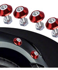 Dope 4 Pack M6 License Plate Screws For Cars Trucks And Motorcycles Built From Heavy Duty Aluminum Alloy Featuring Anti Theft Security Bolts In A Slick Red Finish To Keep Your Rig Tight And Sharp, showing red anodized bolts and nuts.