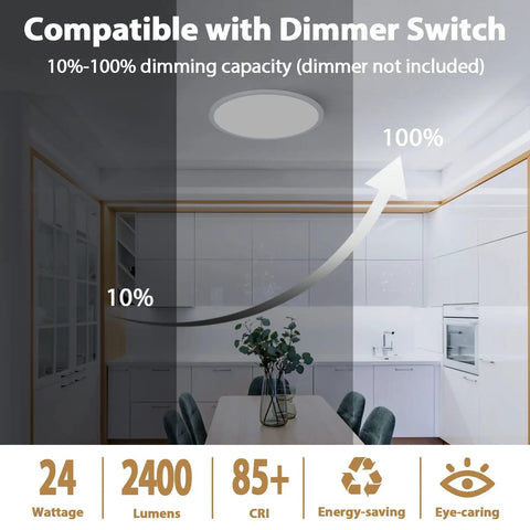 Two Pack Slim LED Flush Mount Ceiling Lights 12 Inch, 250W Equivalent, in kitchen showing dimming capability