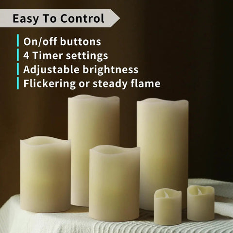 Ivory Real Wax Flameless Candles Bundle With Remote And Timer Adjustable brightness pillars and votives displayed on table
