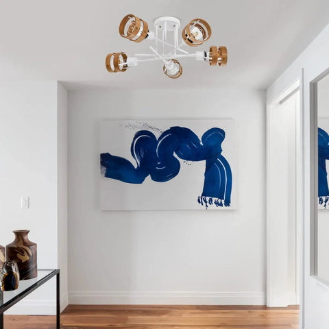 Five Light Matte White Sputnik Ceiling Light Fixture With Wood Band Accents Semi Flush Mount above modern artwork
