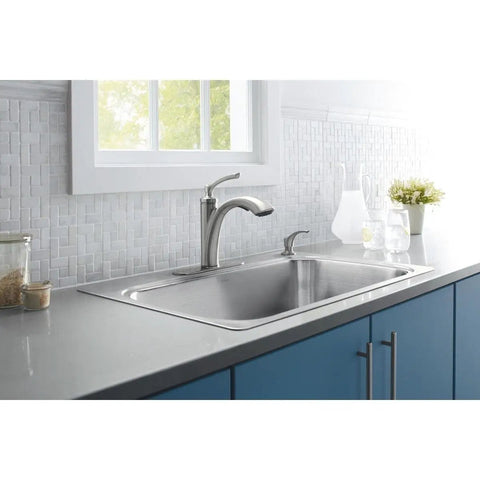 Linwood Pullout Kitchen Faucet With Soap Or Lotion Dispenser Polished Chrome Finish installed in modern kitchen sink