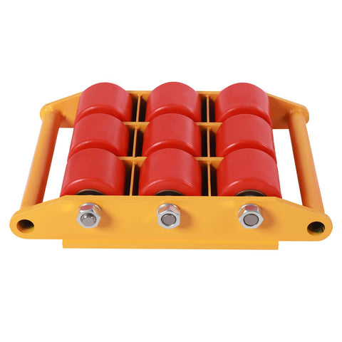 Beefed Up Heavy Duty Machinery Mover Skate With 33,000 Pounds Capacity And 360 Degree Rotation Nine PU Rollers Industrial Equipment Dolly For Warehouses And Construction Yellow showing red PU rollers and steel frame