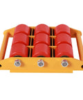 15 Ton Machine Skate Dolly With 9 Rollers And 360 Degree Top, red PU wheels, carbon steel construction, yellow frame