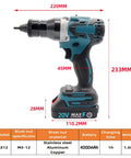 Ultimate Cordless Electric Rivet Gun With Dual Auto Functions Includes Two Big 2000 Mah Batteries For Pulling Stainless Steel Aluminum Rivets M3 To M12 Size Perfect Kit For Any Serious Pro Diy Job In The Shop Or On The Road. side view with 20V battery and M3-12 rivet nut specs