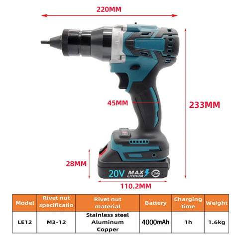 Ultimate Cordless Electric Rivet Gun With Dual Auto Functions Includes Two Big 2000 Mah Batteries For Pulling Stainless Steel Aluminum Rivets M3 To M12 Size Perfect Kit For Any Serious Pro Diy Job In The Shop Or On The Road. side view with 20V battery and M3-12 rivet nut specs