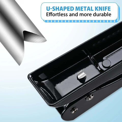 Close-up of black Heavy Duty Single Hole Punch for 0.25 inch holes, showing U-shaped metal knife for easy punching.