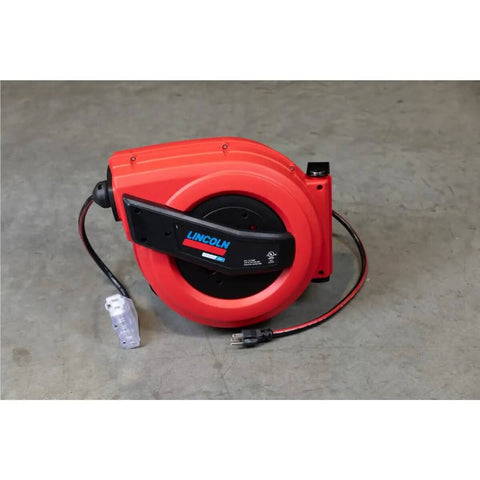 Lincoln Workhorse Heavy Duty 60 Foot Tri Tap Electric Power Cord Reel with 12 3 SJTOW, grease oil weather resistant, red black