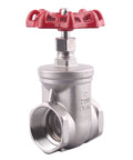 Front view of GOVALVE 2-inch stainless steel gate valve with red wheel handle and female x female NPT threads