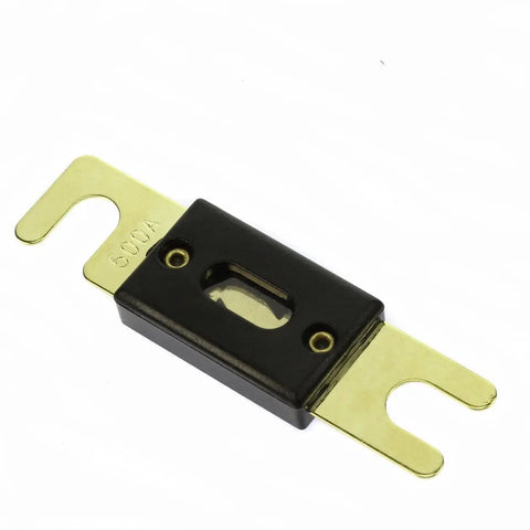 Gold Plated ANL Fuse Holder Inline Fuse Block for 1/0 AWG In And Out with Brass Hardware, black body, clear housing.