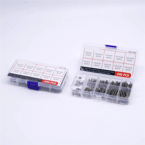 Mini 304 Stainless Steel Compression Springs Kit 0.3-0.4mm, two boxes with assorted sizes and organized compartments