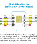 Diagram of D1 Mini NodeMCU Lua ESP8266 ESP-12F WiFi Module with 11 digital IO pins and micro-USB connection.