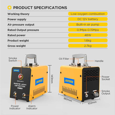 "Pro Grade EVAP Smoke Tester For Cars With Built In Air Pump 12V Vacuum Diagnostic Tool close-up showing specs and features."