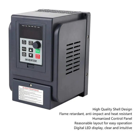Variable Frequency Drive VFD 1 Phase 220V To 3 Phase 380V Output 1500W Motor Speed Controller With Flame Retardant Shell Rugged High Speed Control For Heavy Duty Industrial Equipment, black inverter front view