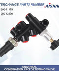 Universal Adjustable Knob Proportioning Valve Kit For Brake Lines With Master Cylinder Adapter and OEM Replacement Parts 26011179 and 26013190, featuring red colored fittings.