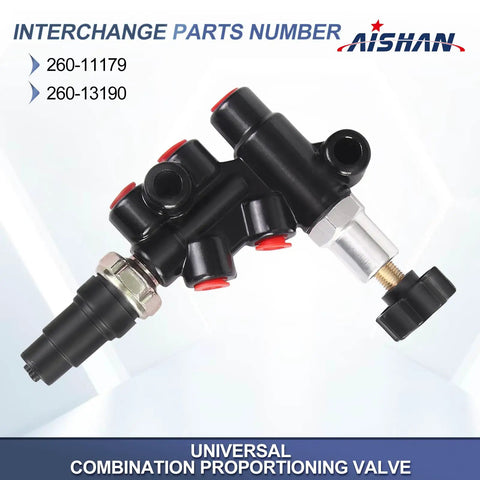 Universal Adjustable Knob Proportioning Valve Kit For Brake Lines With Master Cylinder Adapter and OEM Replacement Parts 26011179 and 26013190, featuring red colored fittings.