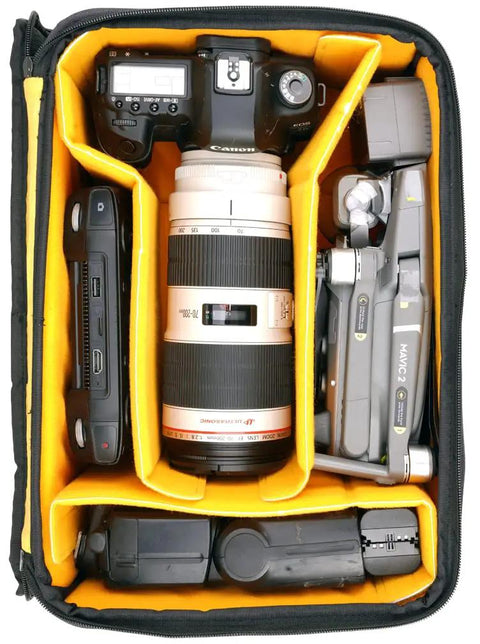 35L Hiking Camera Backpack With Removable Inner Insert showing camera, lenses, and gear compartments