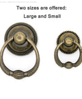Set Of 6 Vintage Antique Brass Drop Ring Pulls For Drawers With Single Mounting Hole Large Ring Size 1.4-Inch And Pull Height 2.1-Inch shown in two sizes